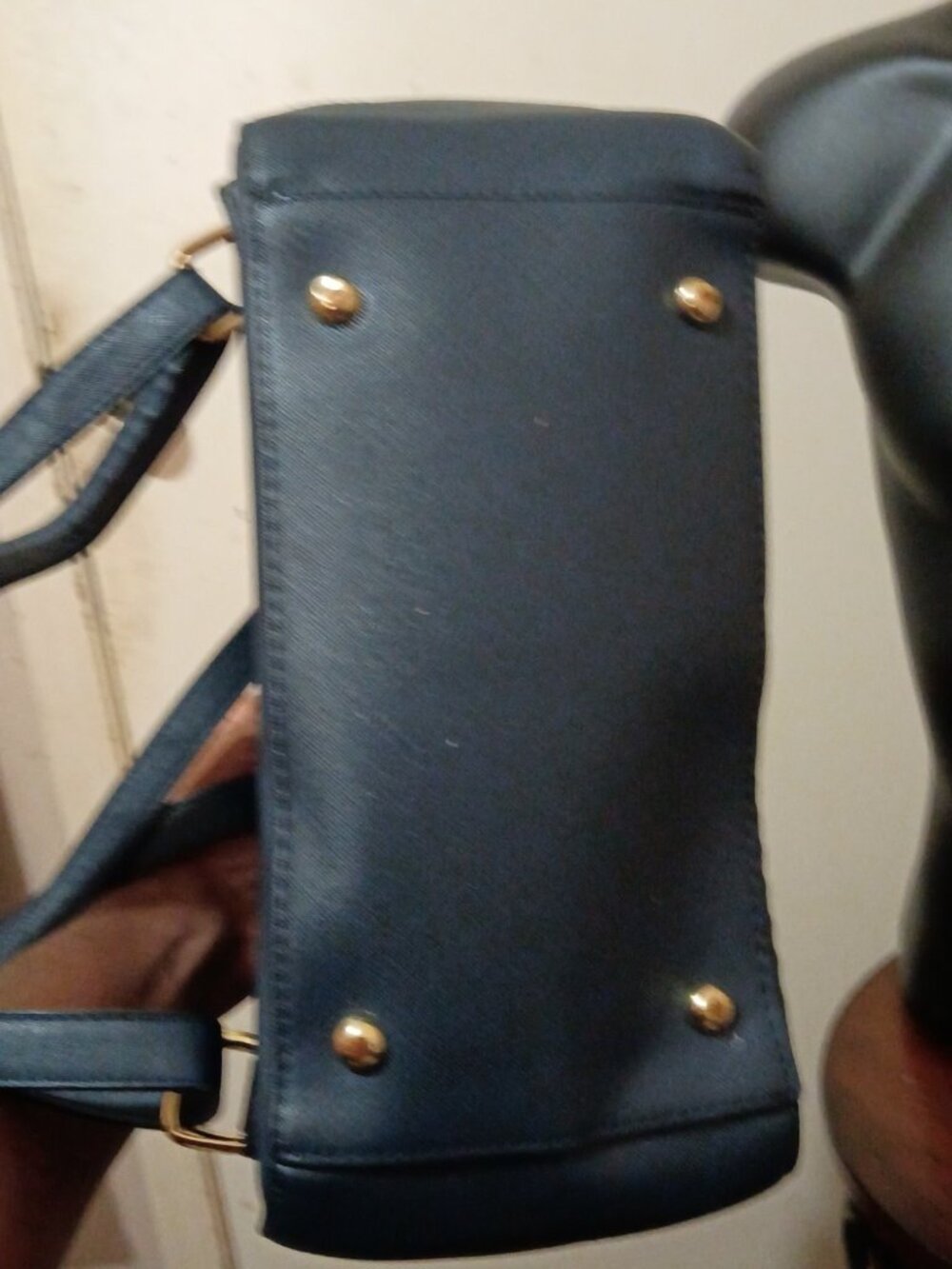 Calpak Kaya Backpack Blue Faux Leather Gold Hardware Trolly Sleeve Side Pockets - Picture 4 of 11